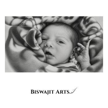 Hand-drawn pencil portrait of a sleeping newborn baby wrapped in a blanket