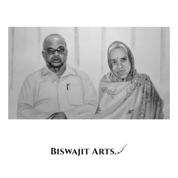Pencil portrait of an elderly couple in traditional attire