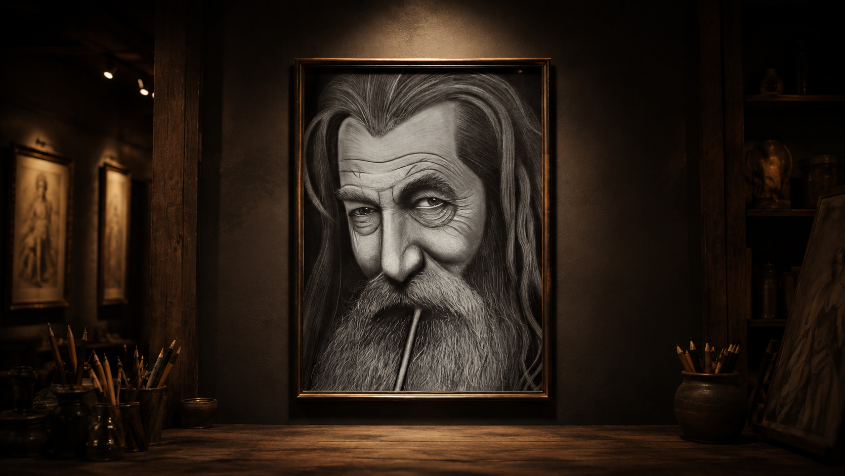 Cinematic hyper-realistic charcoal and graphite portrait of an elderly man with deep wrinkles and gleaming eyes, by Biswajit Arts